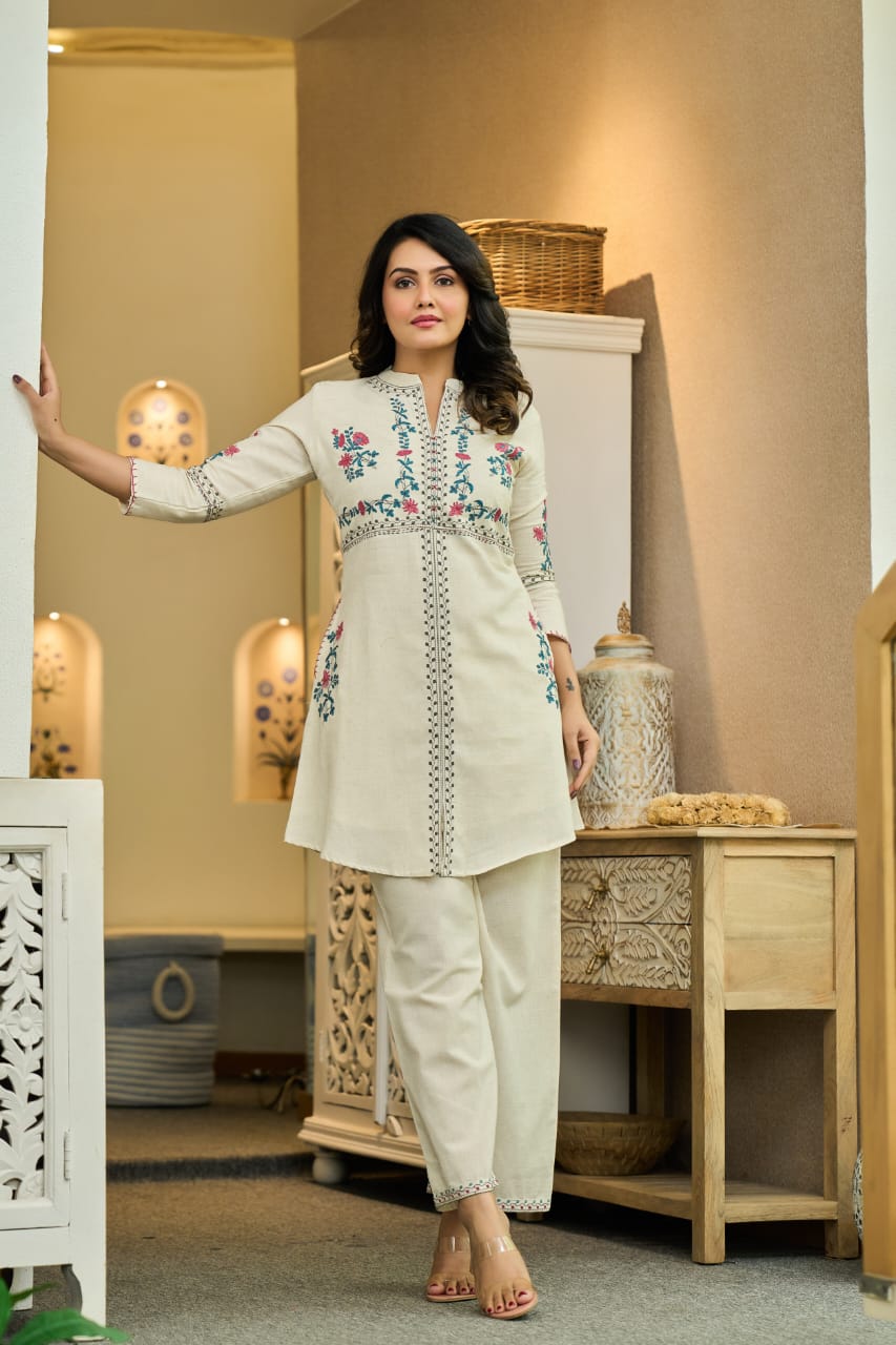 Ivory Cotton Co-Ord Set with Multicolor Floral Embroidery D6286