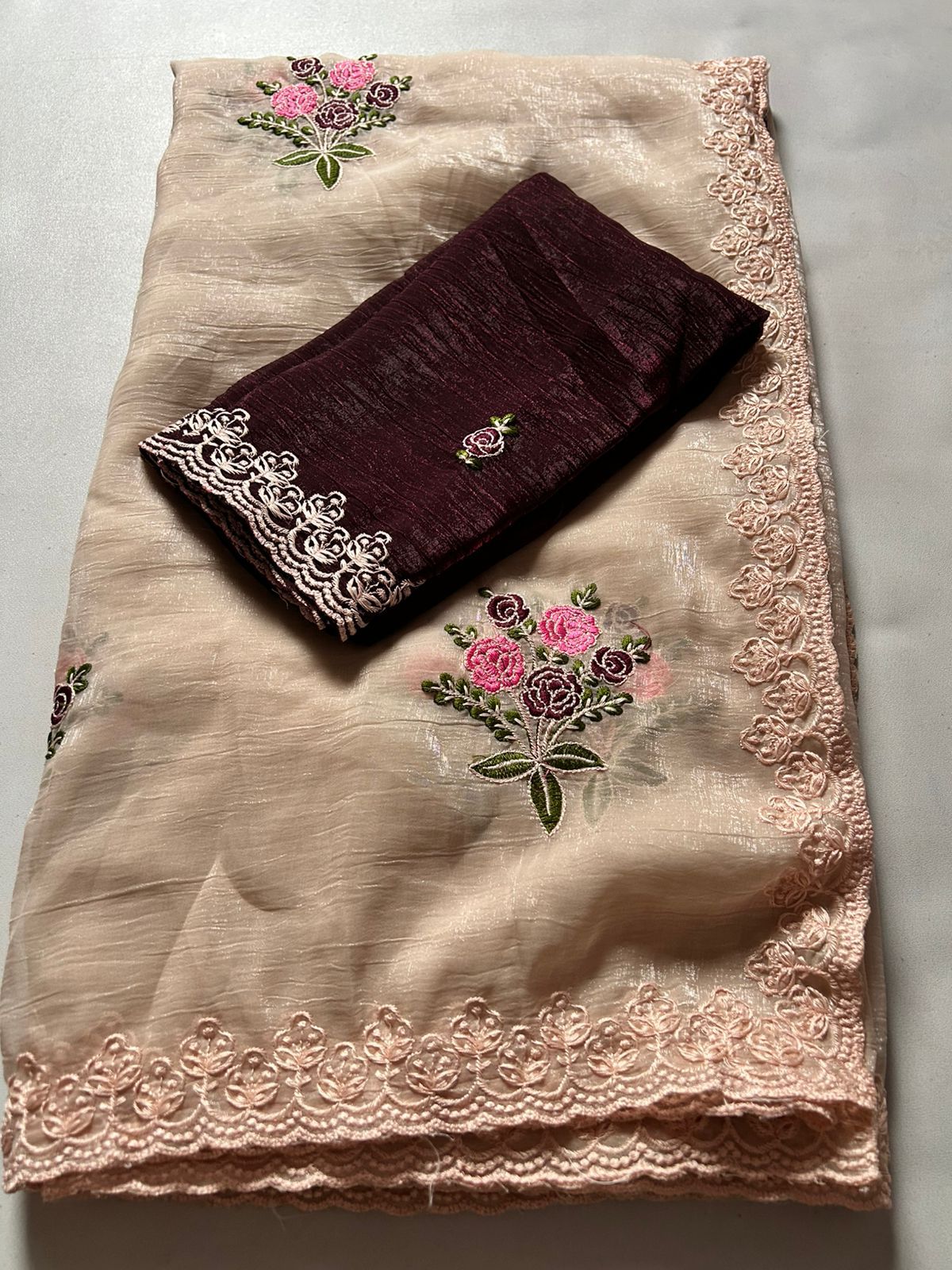 Pure Crush Silk Saree with All-Over Embroidery & Cut Work S2333