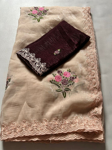 Pure Crush Silk Saree with All-Over Embroidery & Cut Work S2333