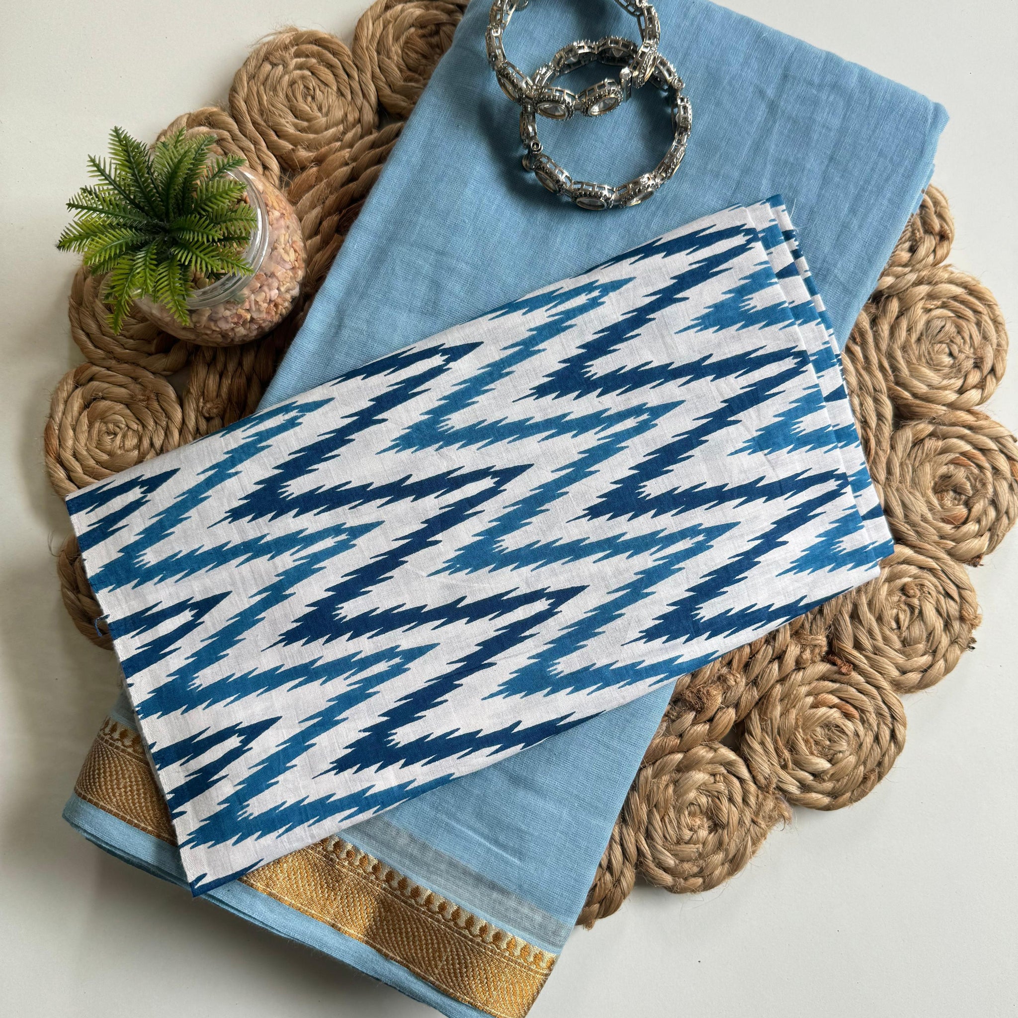 Blue Mul Cotton Saree with Ikat Print Blouse S2340