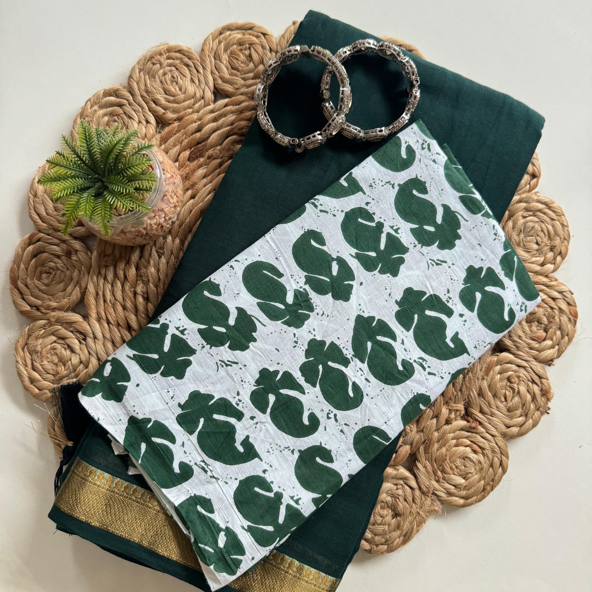 Dark Green Mul Cotton Saree with Zari Border & Printed Blouse S2342