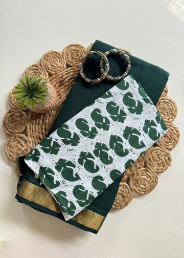 Dark Green Mul Cotton Saree with Zari Border & Printed Blouse S2342