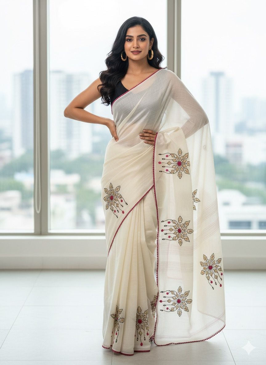 Whisper White Kota Doria Saree with Pop-Pink Trim Handwork saree -S008