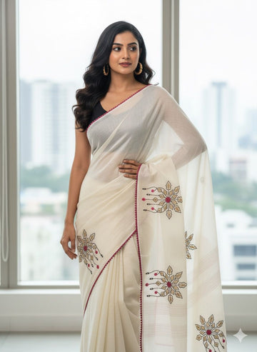 Whisper White Kota Doria Saree with Pop-Pink Trim Handwork saree -S008