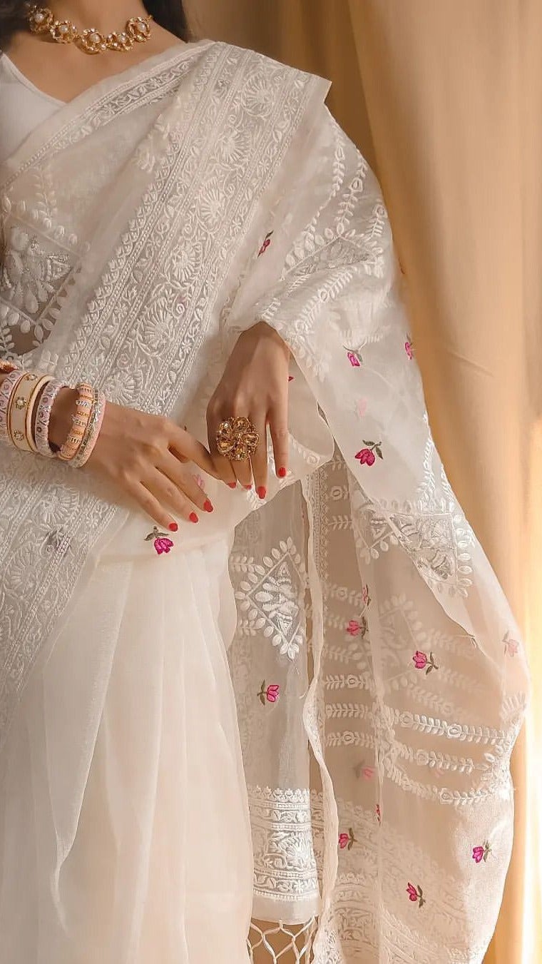Pure soft Off-white silk  organza saree with Lucknowi & silver zari touch up embroidered  S-0022