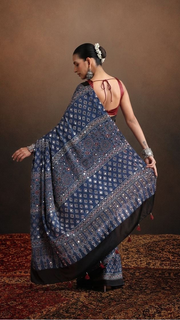 Ajrakh Print Moss Crepe Saree with Original Mirror Work S27