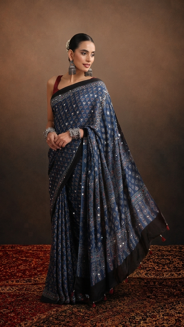Ajrakh Print Moss Crepe Saree with Original Mirror Work S27