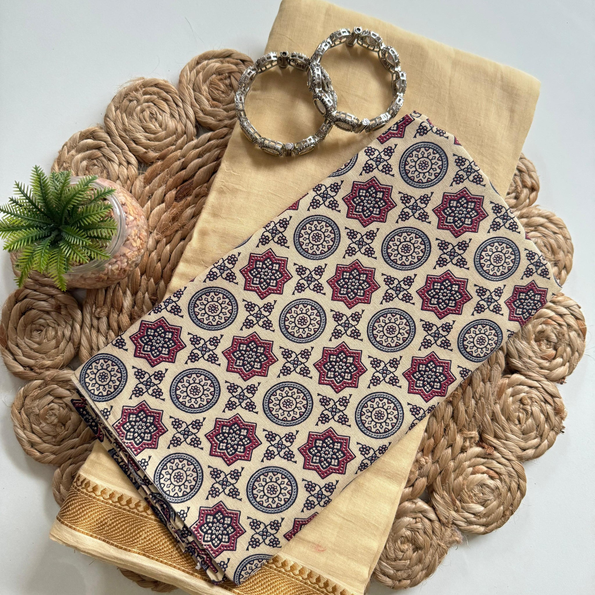 Beige Mul Cotton Saree with Zari Border & Geometric Printed Blouse S2345