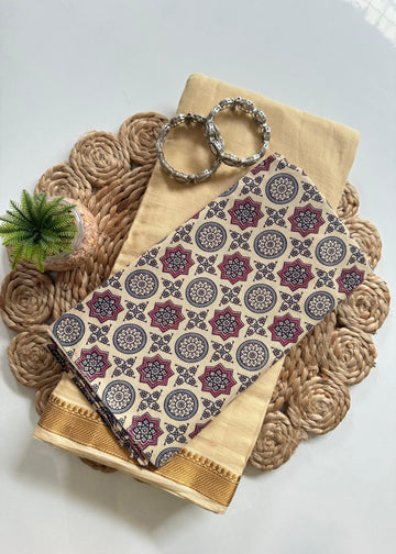 Beige Mul Cotton Saree with Zari Border & Geometric Printed Blouse S2345