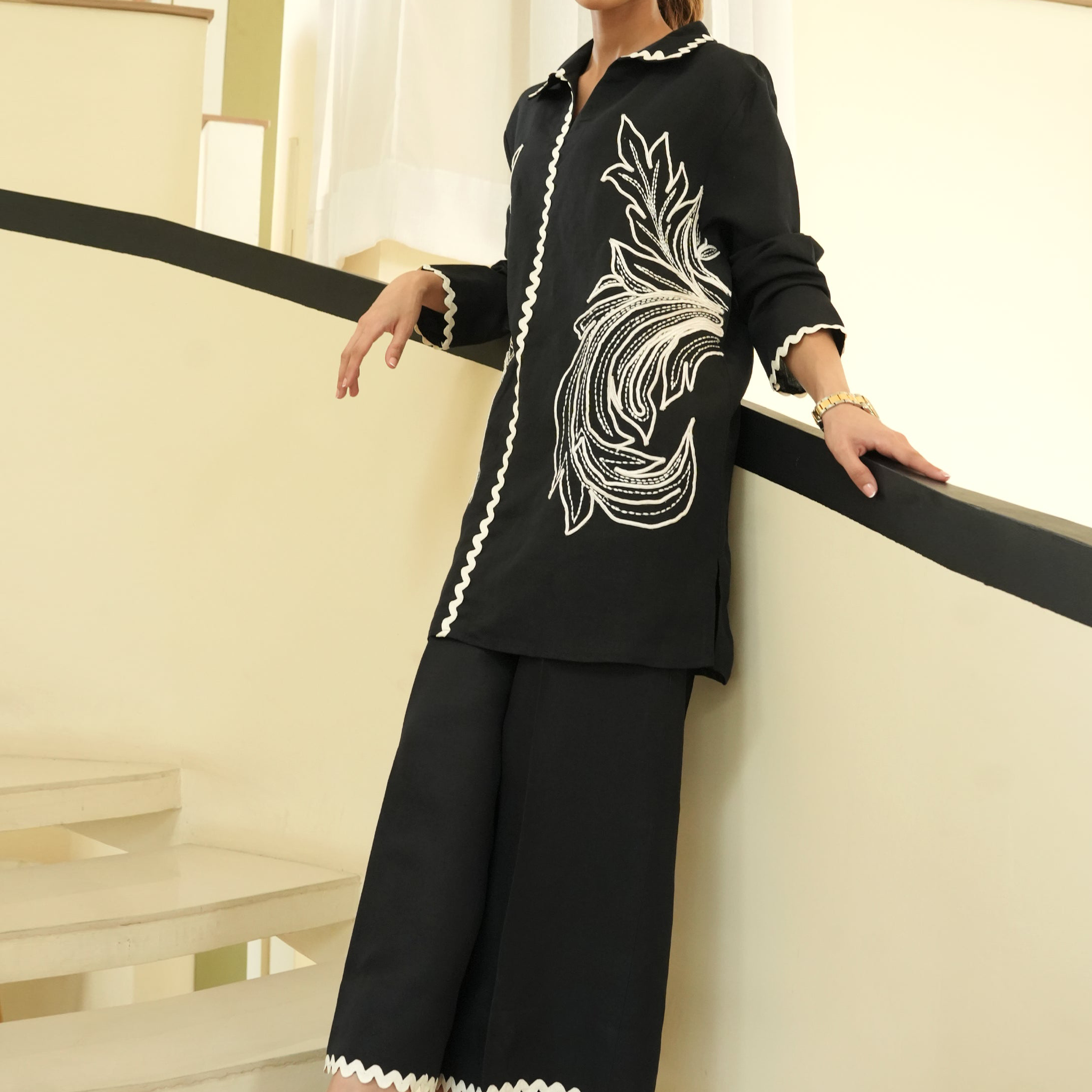 Black Couture Inspired Embroidered Rayon Co-ord Set D6318
