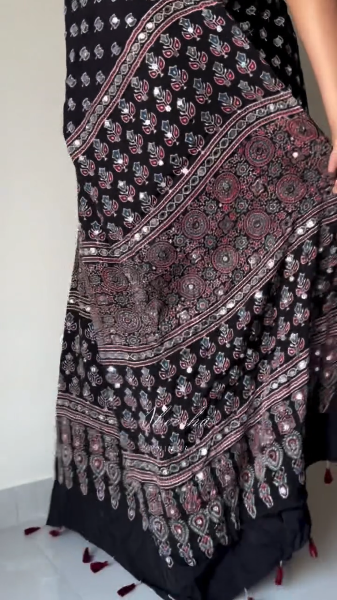 Black Moss Crepe Saree with Original Mirror Work S20