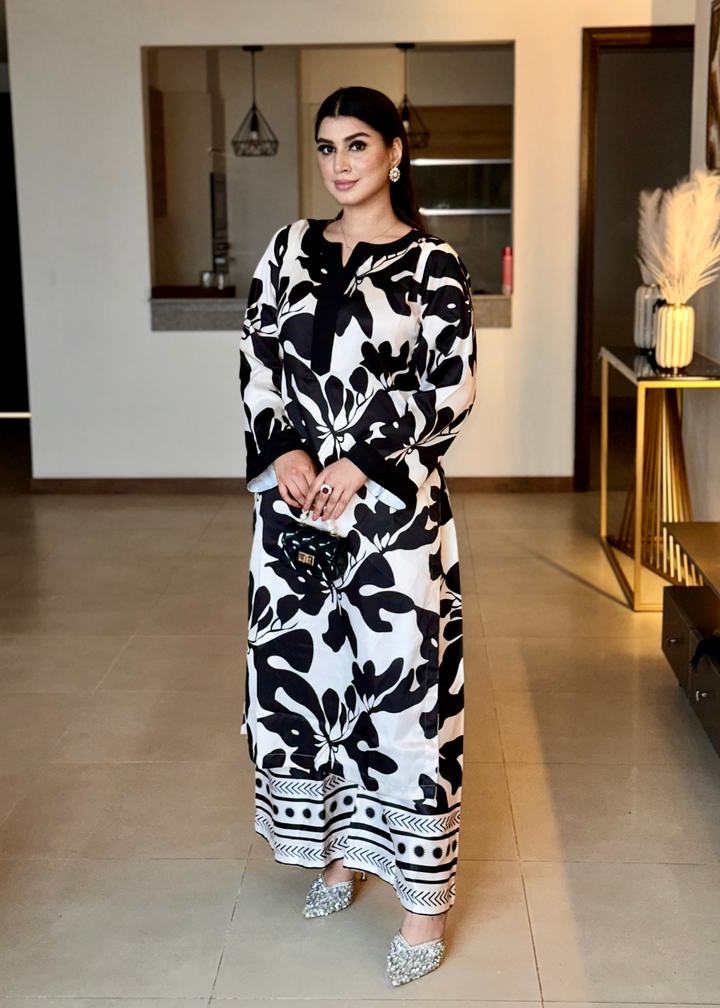 Black & White Flower Printed Armani Satin Suit set D6061