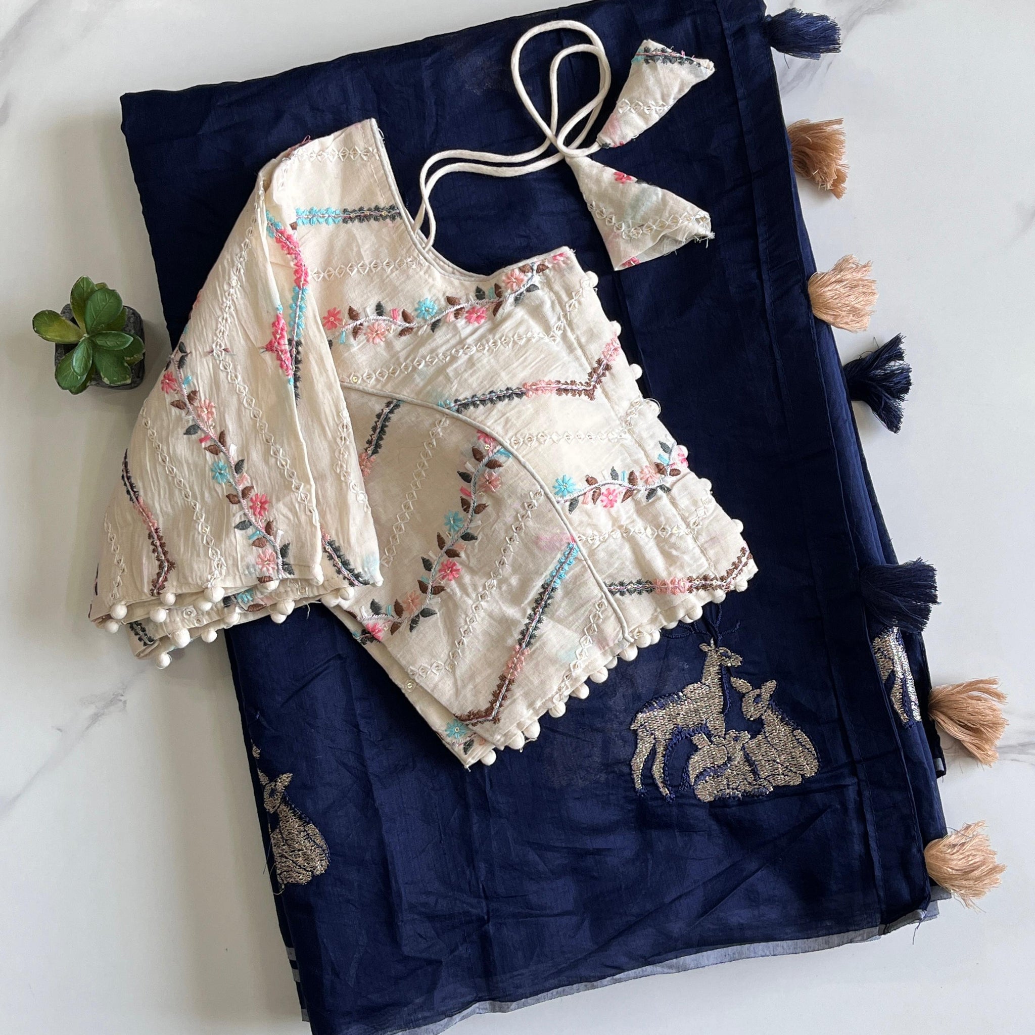 Blue Chanderi Deer Embroidered Saree with Cotton Tassels S2508