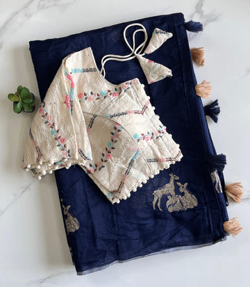 Blue Chanderi Deer Embroidered Saree with Cotton Tassels S2508