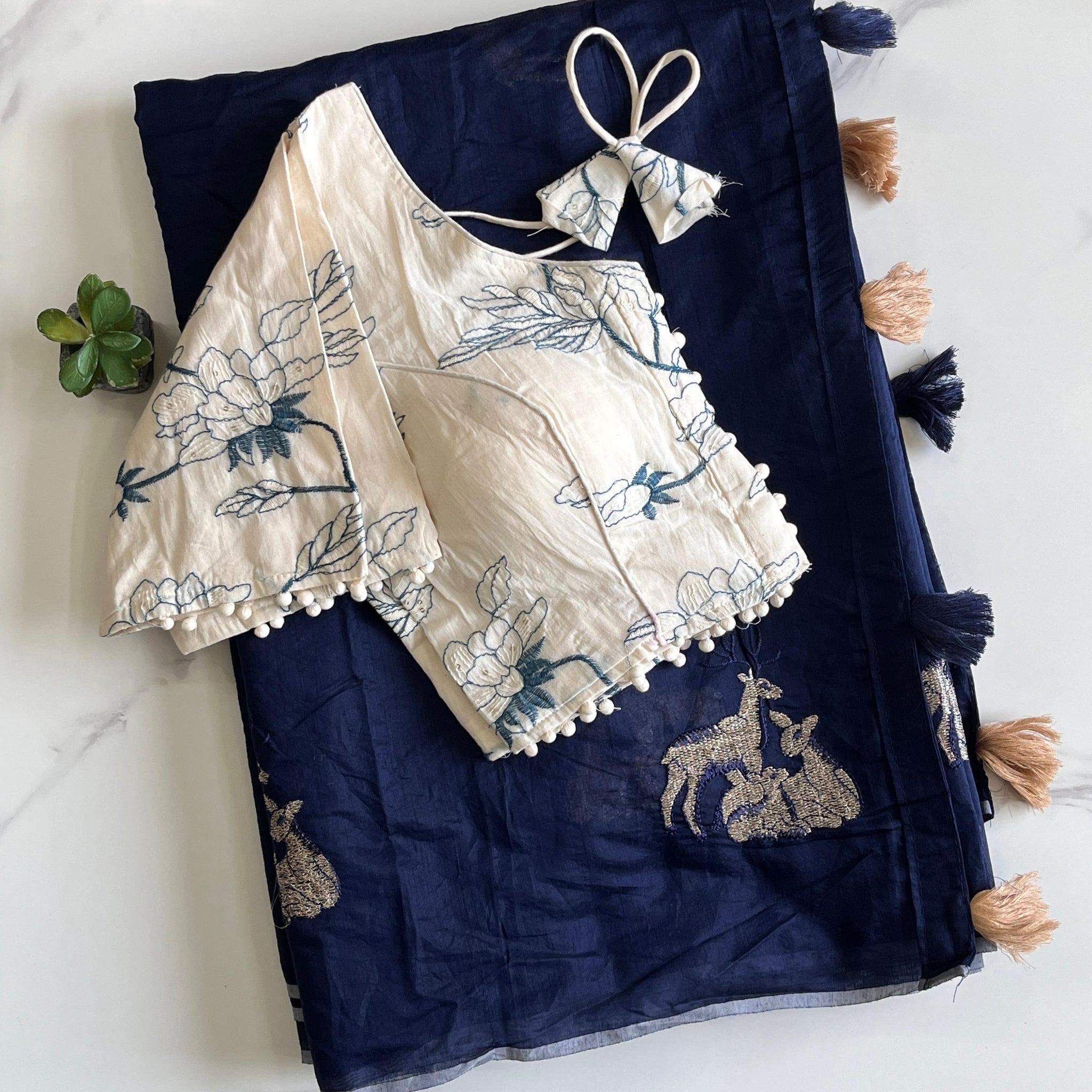 Blue Chanderi Deer Embroidered Saree with Cotton Tassels S2509