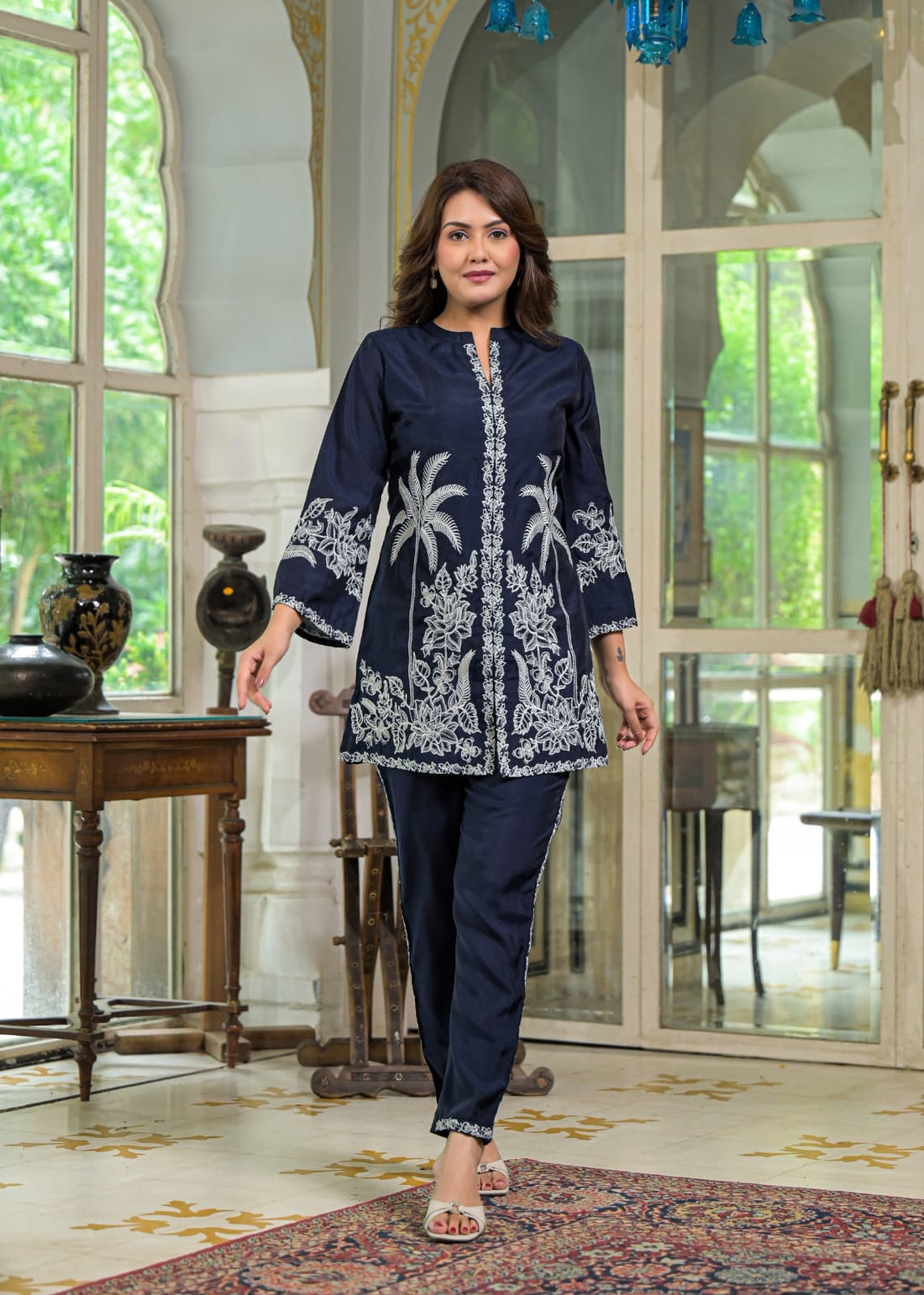 Blue Floral & Palm Tree Motif Embroidered Co-ord Set D6268