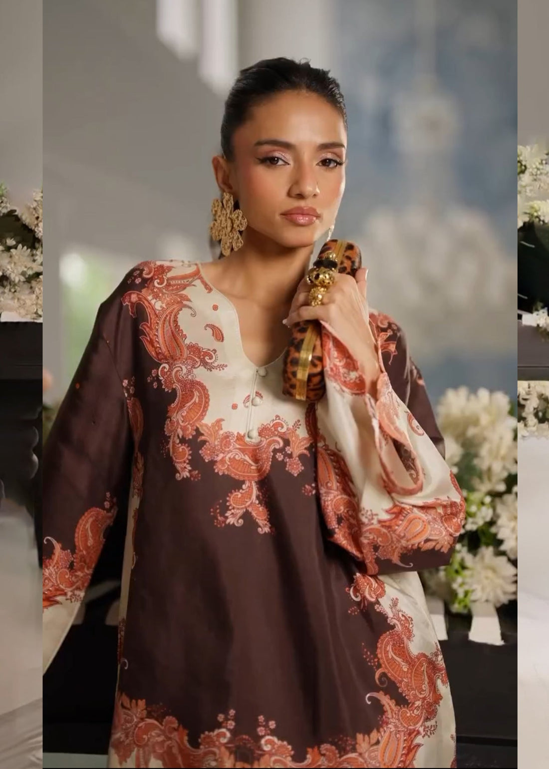 Brown & Cream Paisley Print Co-ord Set – Elegant Rayon Ensemble D6306