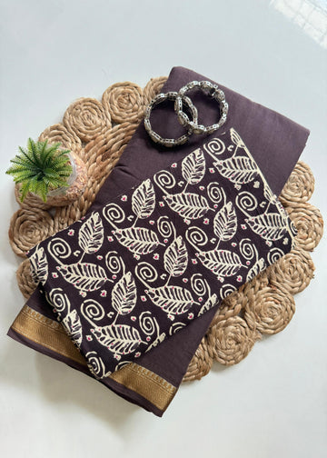 Brown Mul Cotton Saree with Zari Border & Leaf Printed Blouse S2346