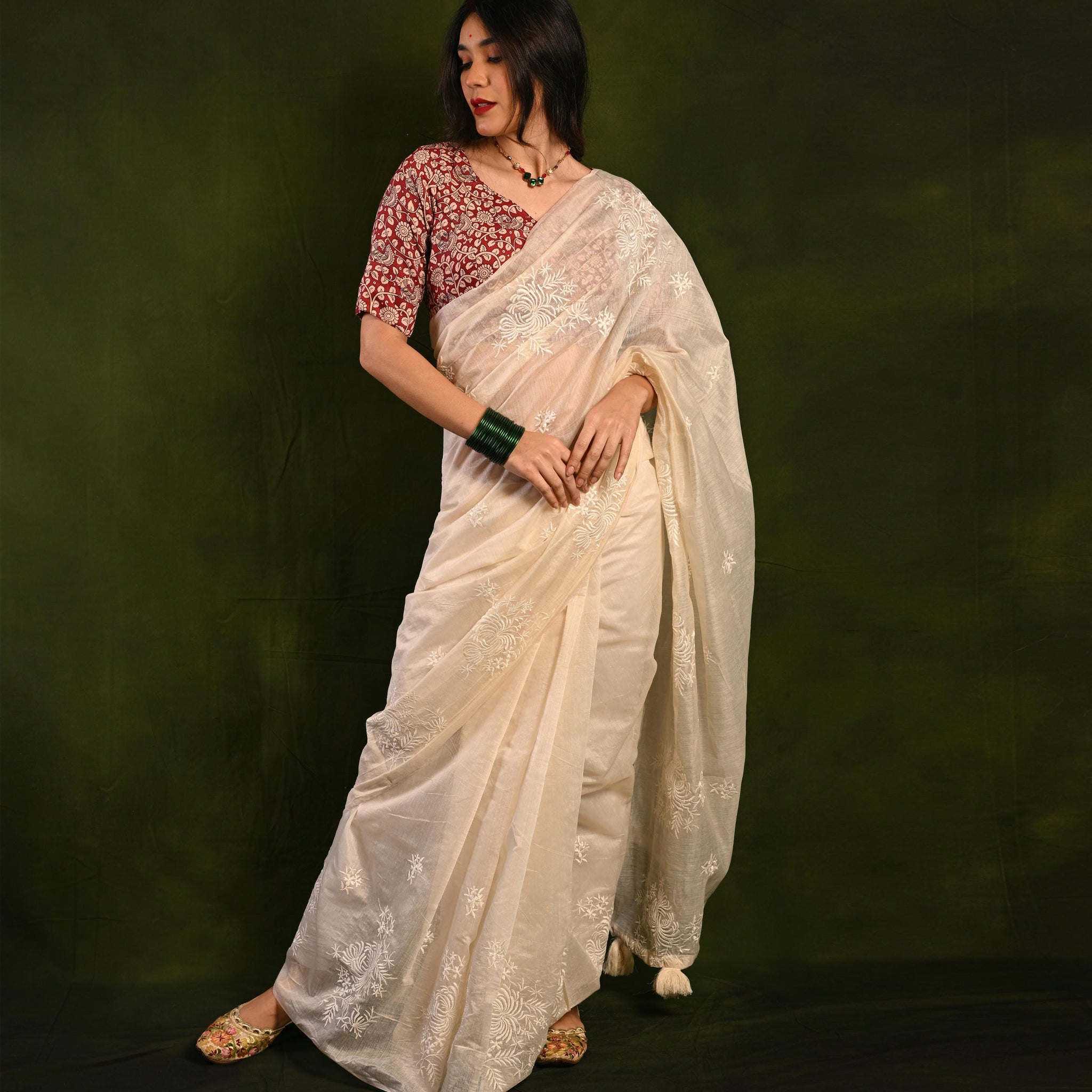 Premium Chanderi Cotton Saree with Exclusive Flower Work & Heavy Cotton Tassels S2007