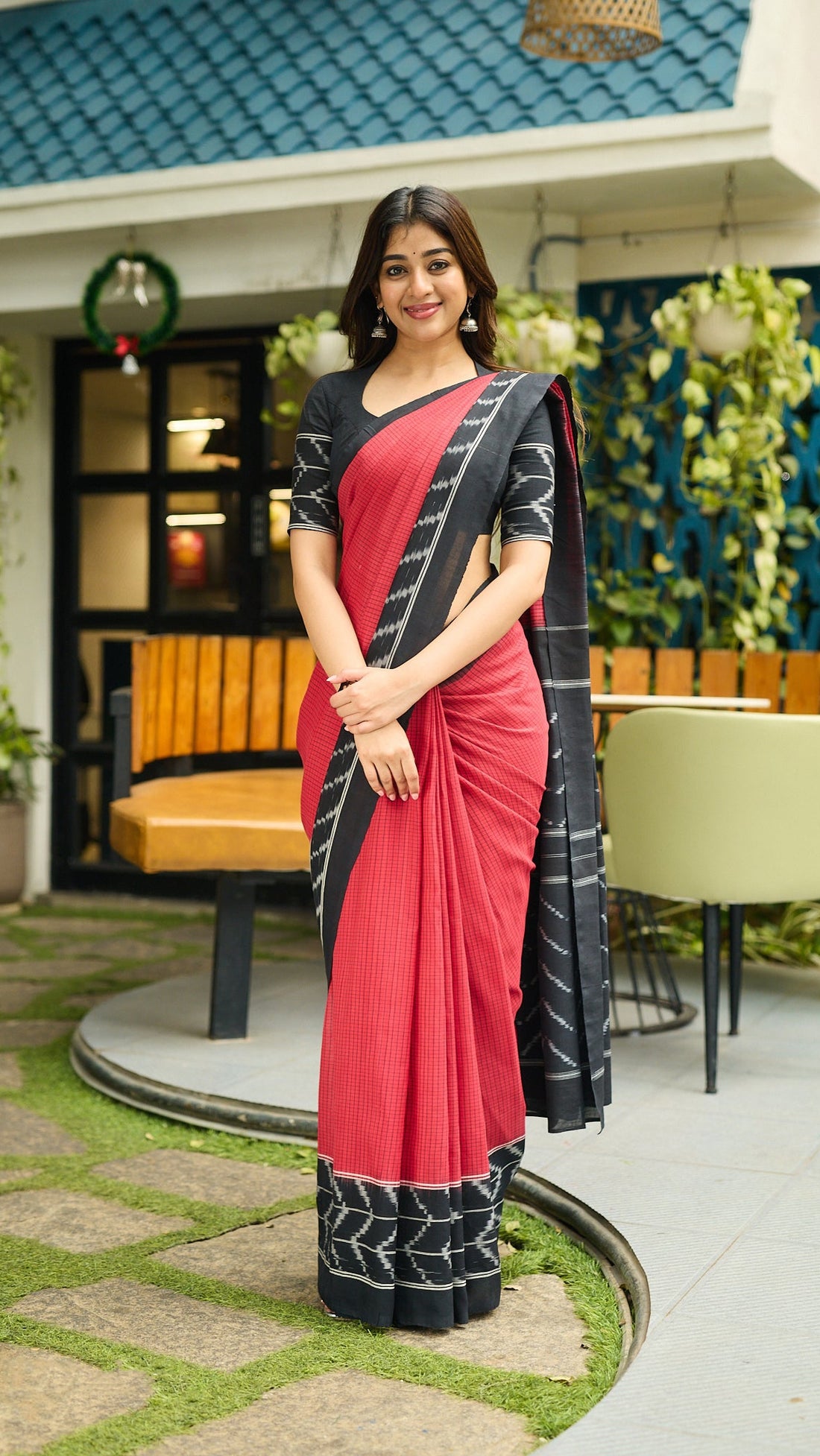 Classic Red & Black Linen Printed Saree | Minimal Ethnic Wear S14
