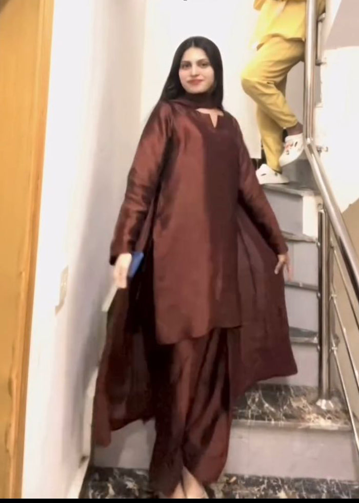 Comfortable & Chic Brown Malai Satin Co-ord Suit Set – D6281