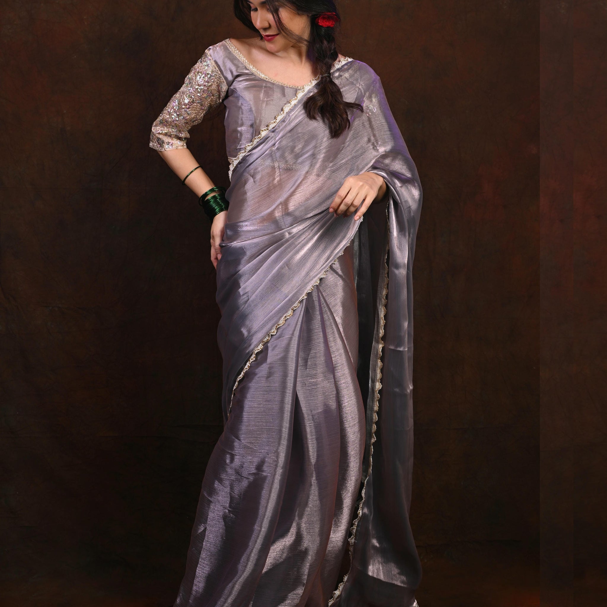 Premium Glass Tissue Two-Tone Zari Saree with Gold Val Moti Lace Border S2006