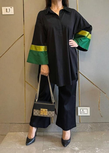 Black Farshi Suit Set With Deep Green and Lime Yellow Sleeve for Women D6228