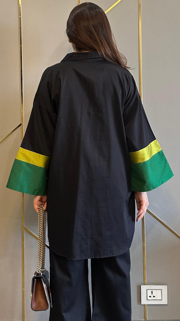 Black Farshi Suit Set With Deep Green and Lime Yellow Sleeve for Women D6228