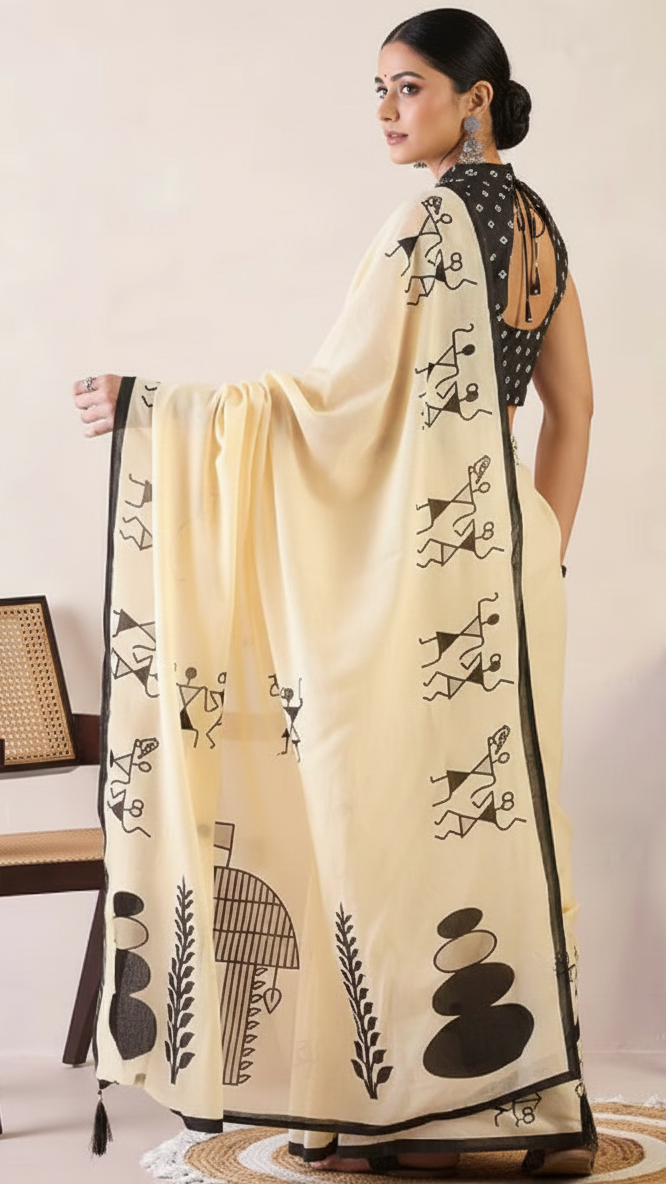 Easy-Drape Ready-to-Wear Linen Saree Featuring Traditional Tribal Art S1