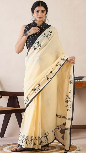 Easy-Drape Ready-to-Wear Linen Saree Featuring Traditional Tribal Art S1