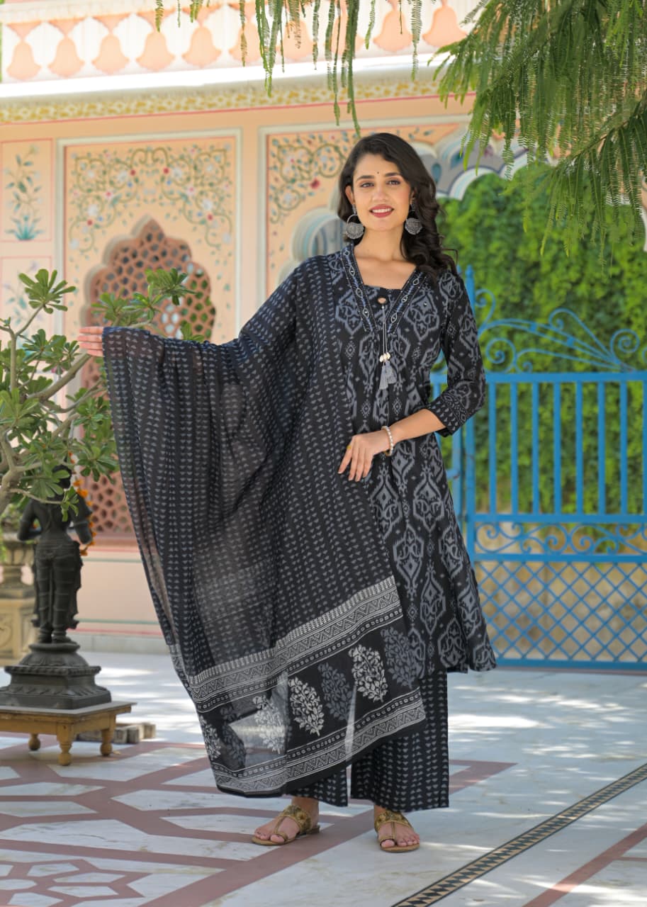 Elegant Cotton Printed Suit Set with Matching Dupatta D6296