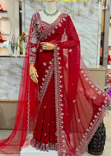 faux Georgette Saree with Thread, Sequin & Pearl Work and Soft Net Dupatta S2522