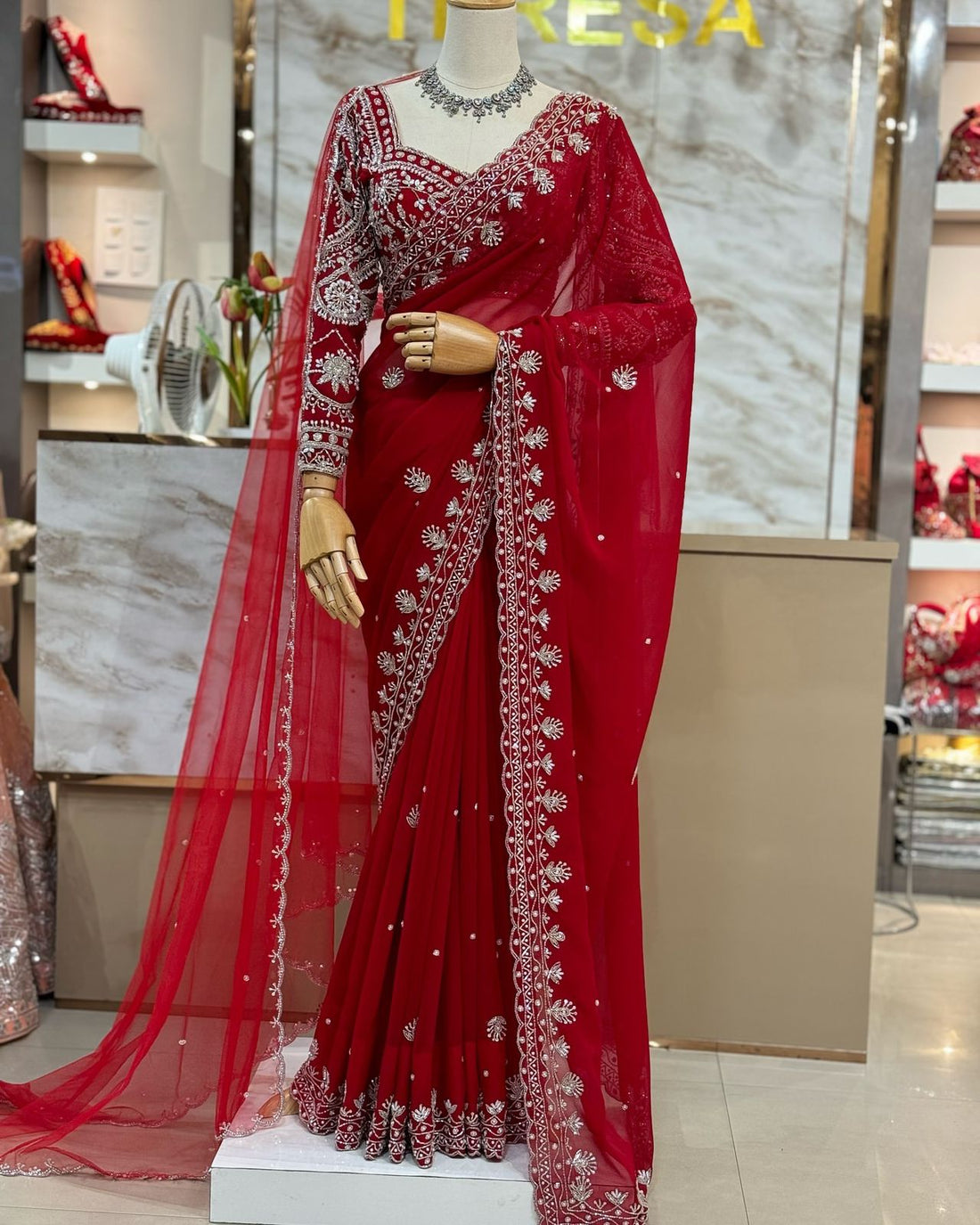 faux Georgette Saree with Thread, Sequin & Pearl Work and Soft Net Dupatta S2522