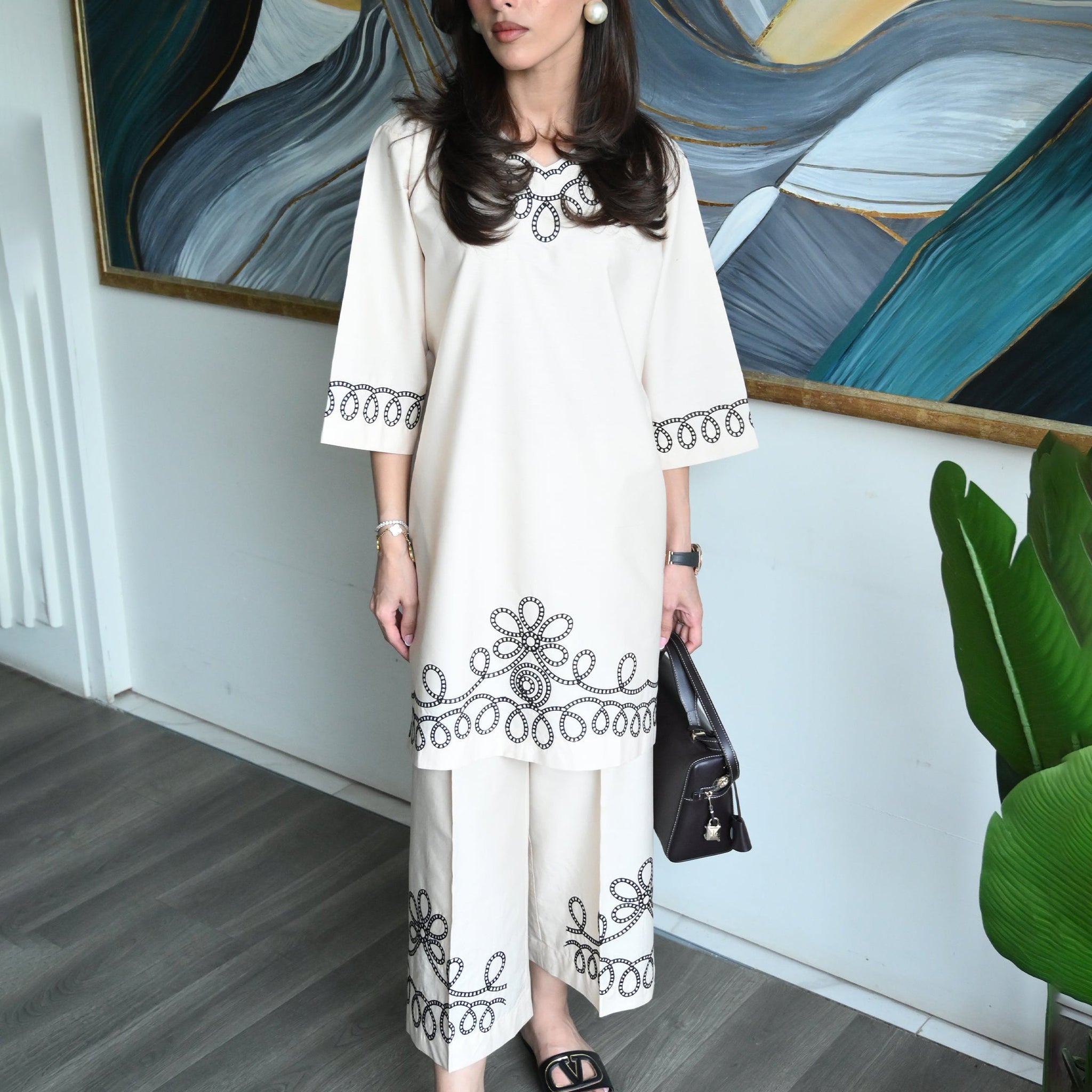 Geometric Floral Loop Design Embroidered Co-ord Set for Women D6297