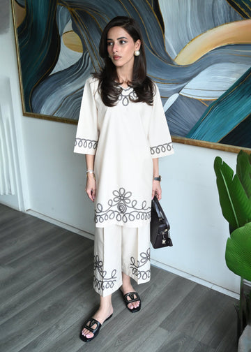 Geometric Floral Loop Design Embroidered Co-ord Set for Women D6297