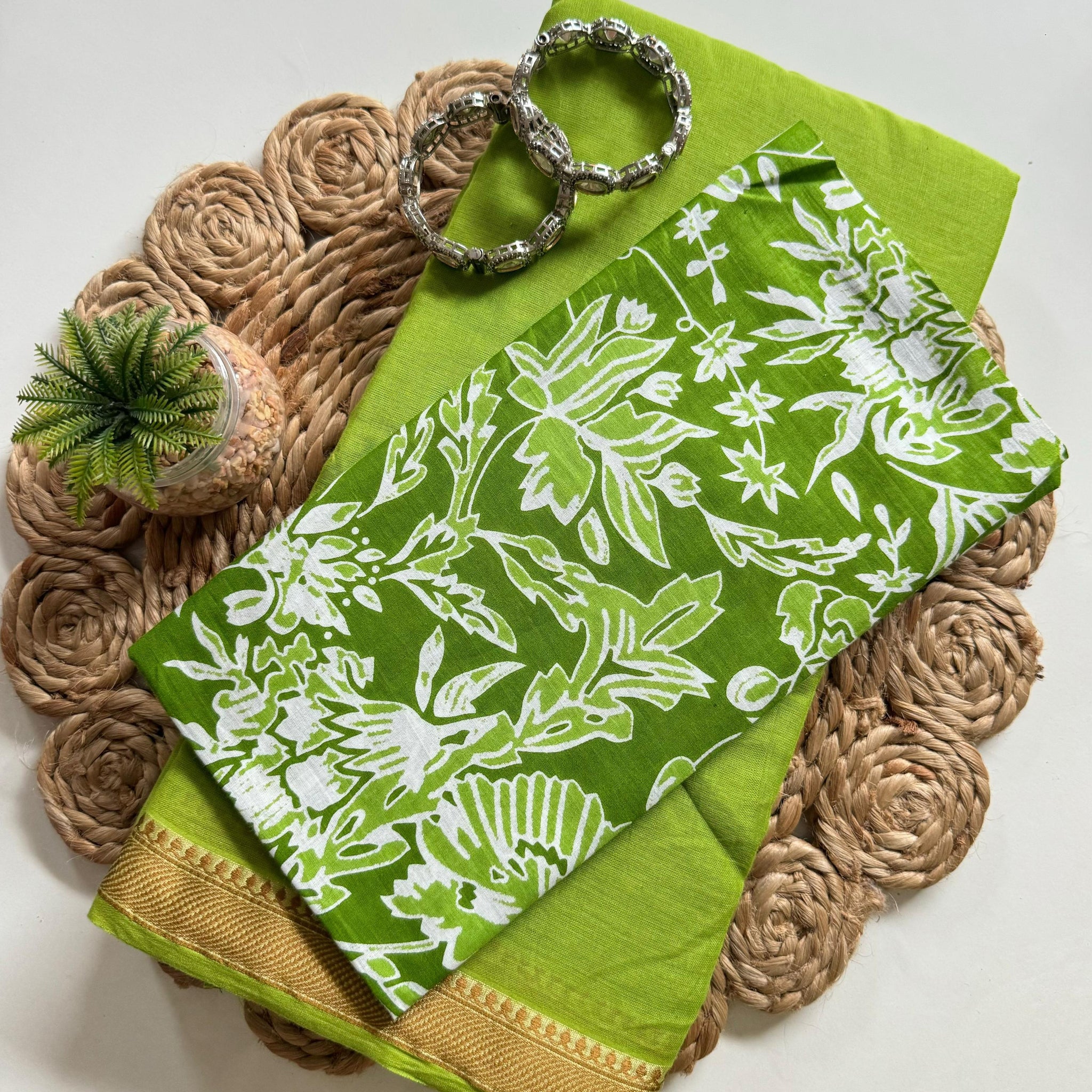 Green Mul Cotton Saree with Zari Border & Floral Blouse S2341