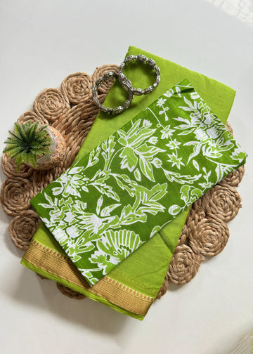 Green Mul Cotton Saree with Zari Border & Floral Blouse S2341