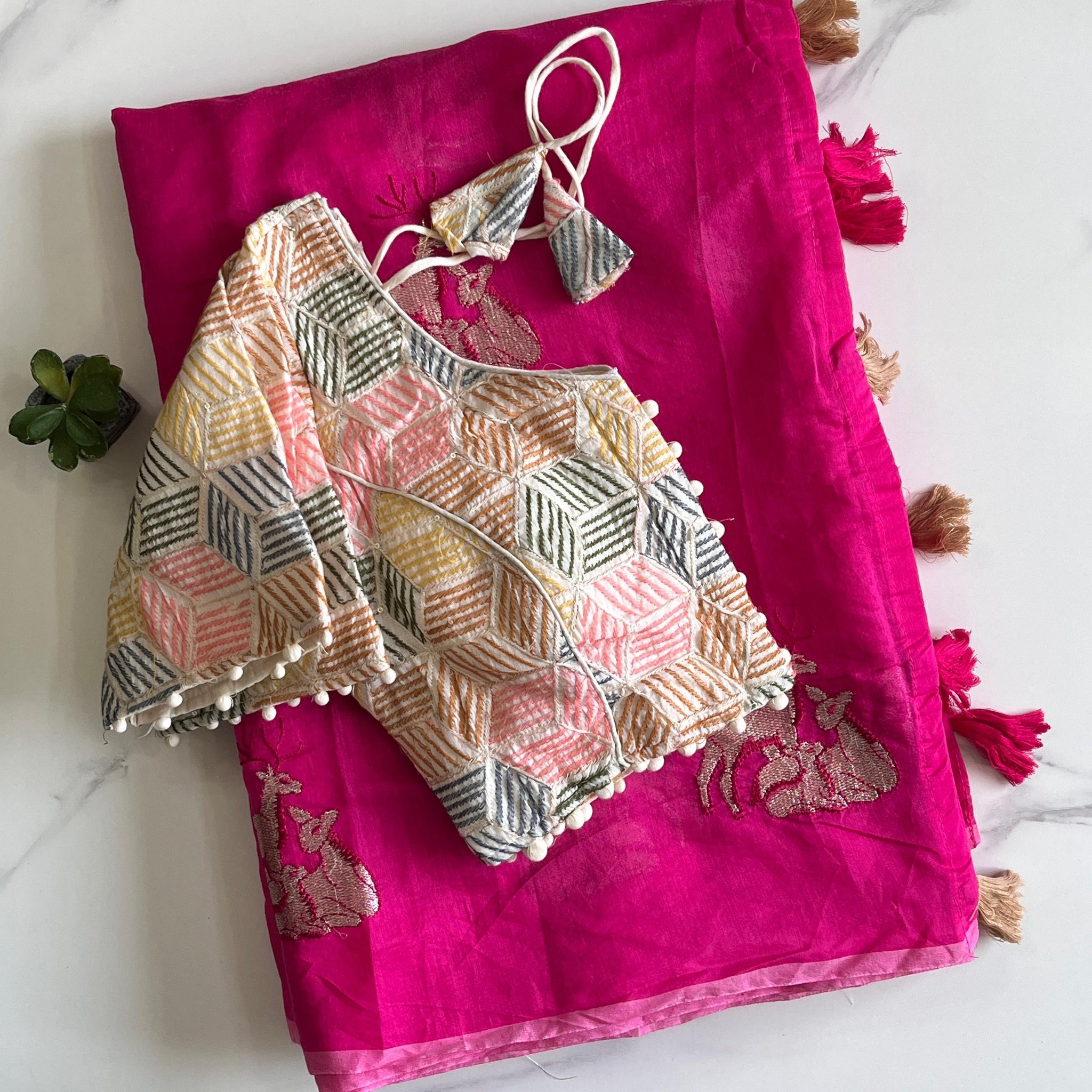 Pink Chanderi Embroidered Saree with Cotton Tassels S2506