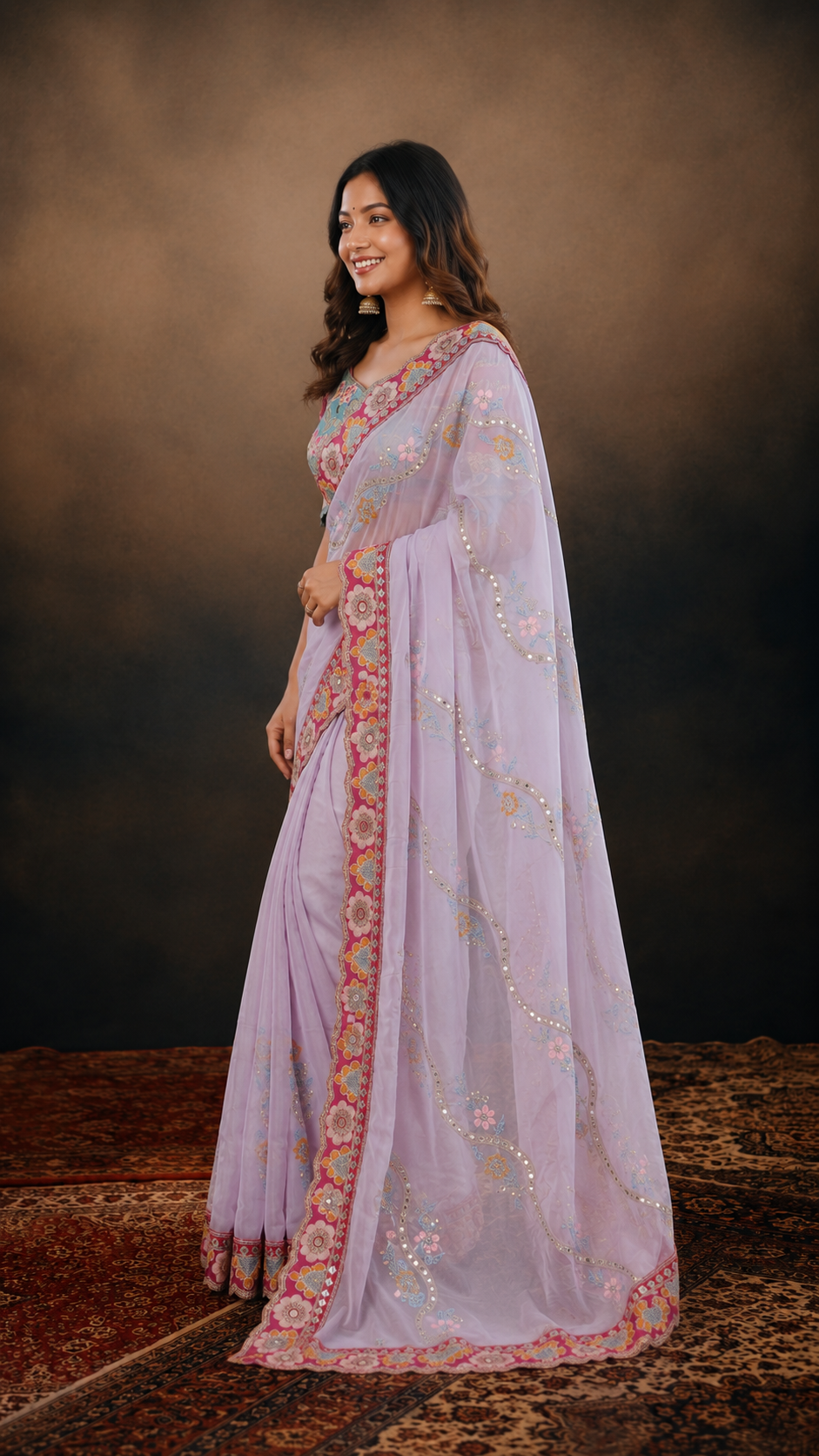 Lavender Soft Rangoli Silk Saree with Multicolor Embroidery, Real Mirror Work & Designer Cutwork Border RV-S25