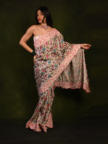 Luxurious Tussar Silk Saree with Digital Prints and Embroidered Cutwork S2018