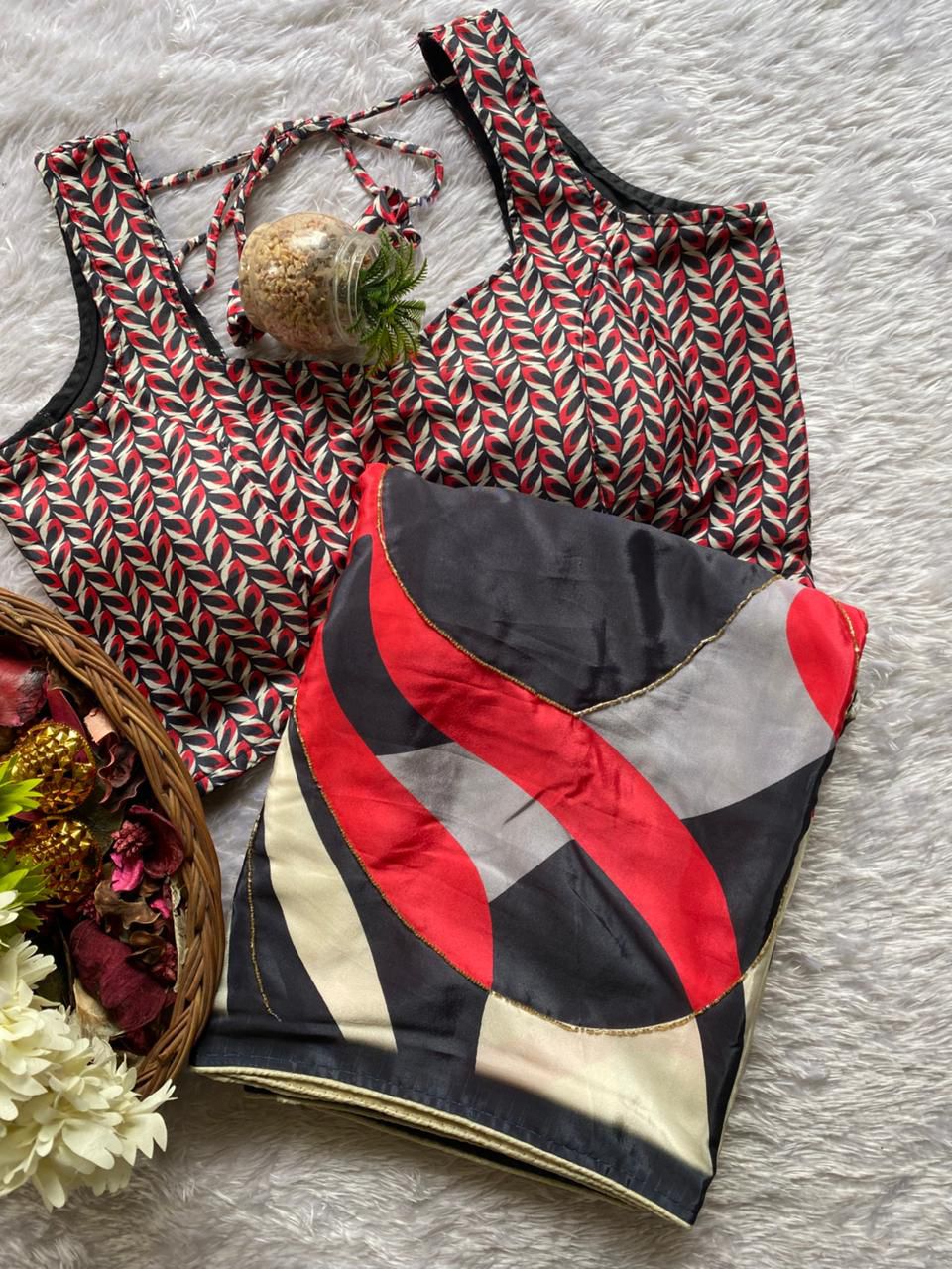 Luxury Crepe Satin Silk Saree with Digital Print, Moti & Cutdana Handwork S2348