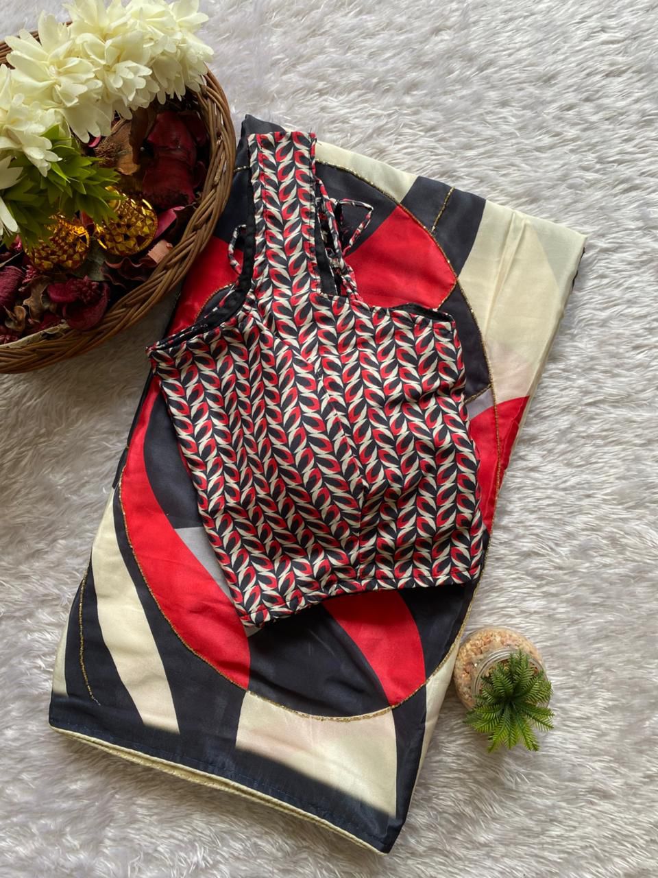 Luxury Crepe Satin Silk Saree with Digital Print, Moti & Cutdana Handwork S2348