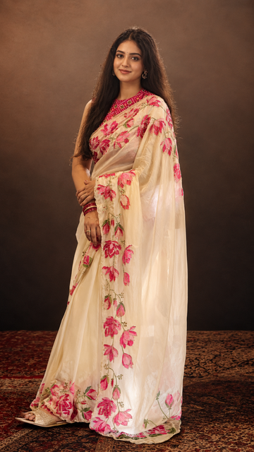 Luxury Floral Handwork Saree for Women with Katdana Embellished Designer Blouse S30