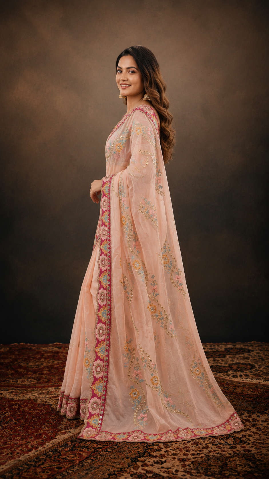Luxury Peach Pink Soft Silk Saree with Multicolor Embroidery and Real Mirror Work RV-S26