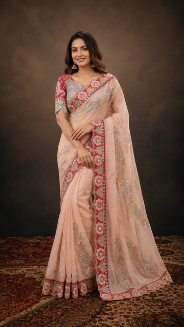 Luxury Peach Pink Soft Silk Saree with Multicolor Embroidery and Real Mirror Work RV-S26