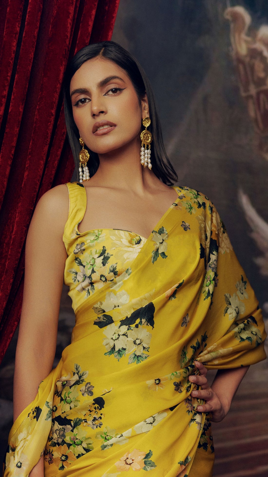 Luxury Satin Silk Floral Printed Saree in Mustard Yellow S6