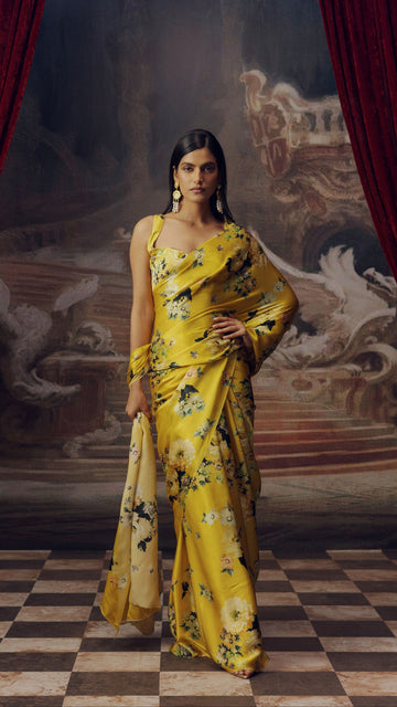 Luxury Satin Silk Floral Printed Saree in Mustard Yellow S6