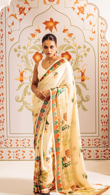 Luxury Satin Silk Floral Printed Saree with Contrast Border S5
