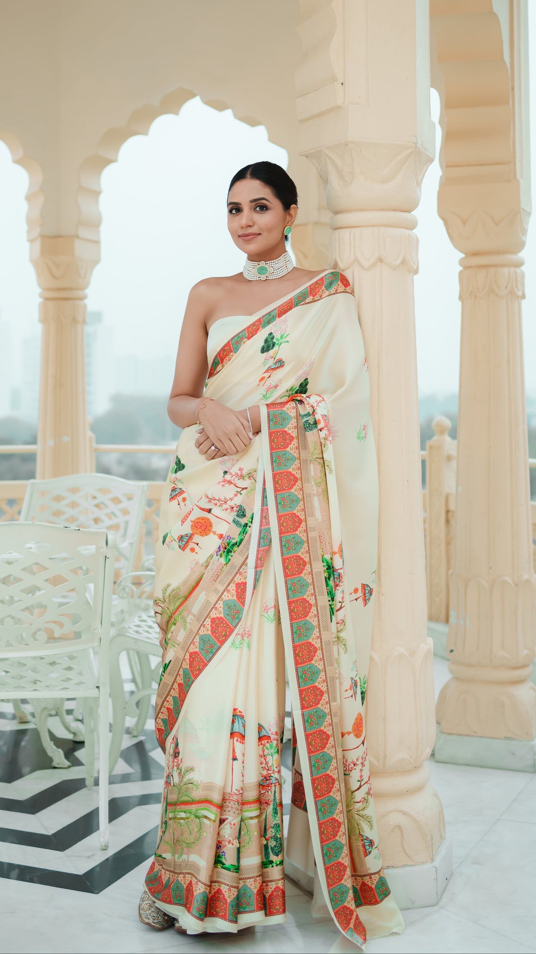 Luxury Satin Silk Floral Printed Saree with Contrast Border S5
