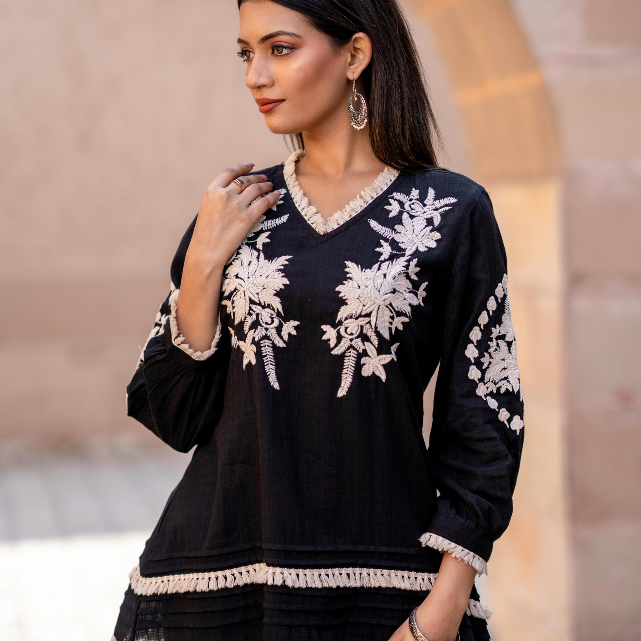 Midnight Bloom Embroidered Black Pure Cotton Top D6274